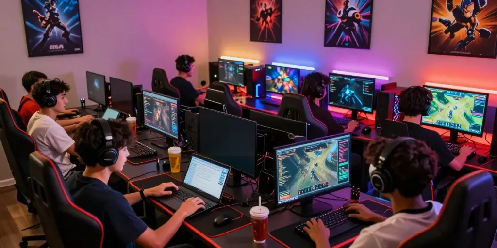 Engaging gaming scene of players immersed in online gaming at qqmacan platform, surrounded by high-tech equipment and vibrant atmosphere.