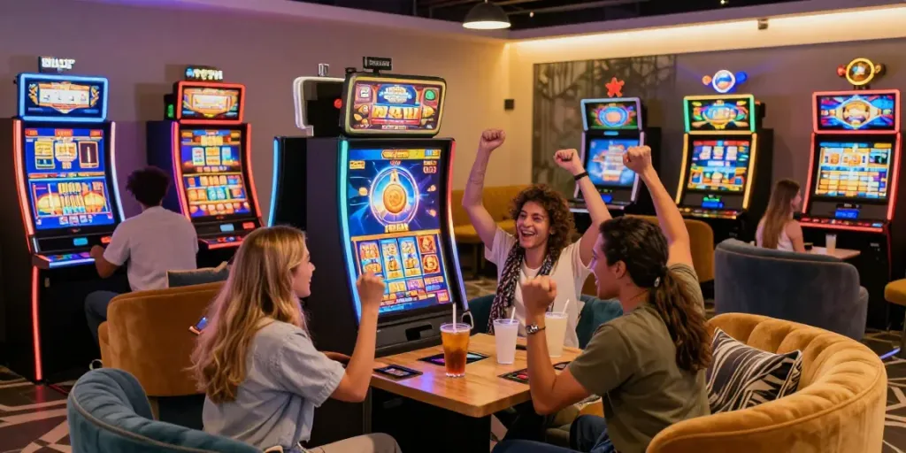 Players enjoying luxury12 slot games in a vibrant gaming lounge.