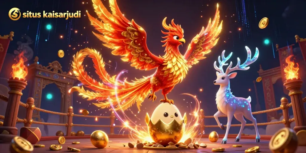 Experience thrilling gameplay with situs kaisarjudi featuring a magnificent fire phoenix and exciting casino elements.