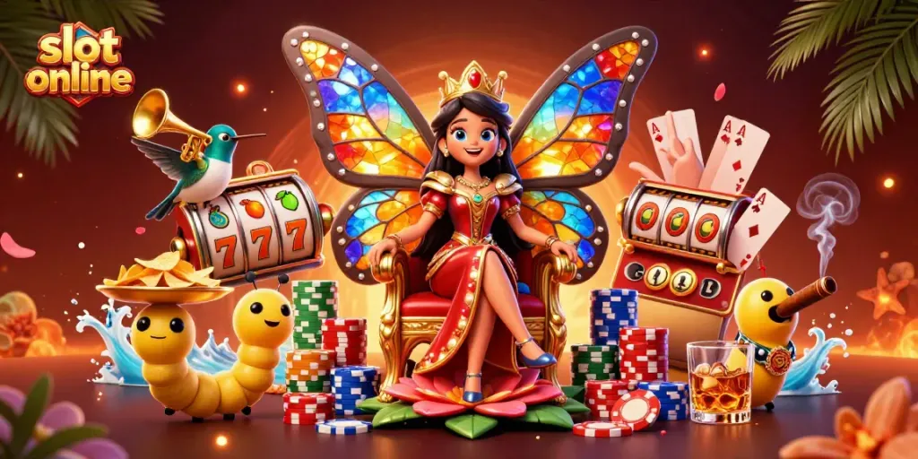 Slot online: Menangkan jackpot slot dengan ratu kupu-kupu dan pelayan yang membawa chip emas.
