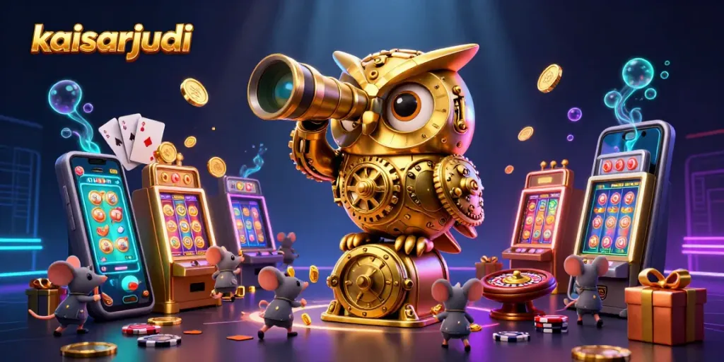 Kaisarjudi players enjoy a vibrant 3D casino scene filled with slot games and lucky charms.