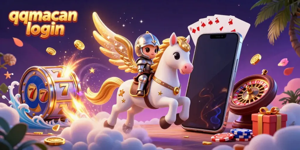 Experience the thrill of gaming with qqmacan login, featuring dynamic characters amidst dazzling slot game elements.