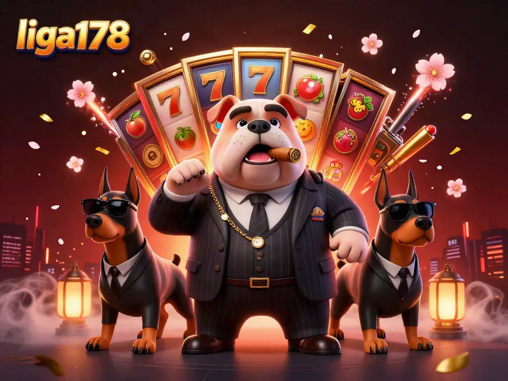 Ilustrasi kasino liga178 dengan bulldog mafia dan simbol slot yang berkilau.