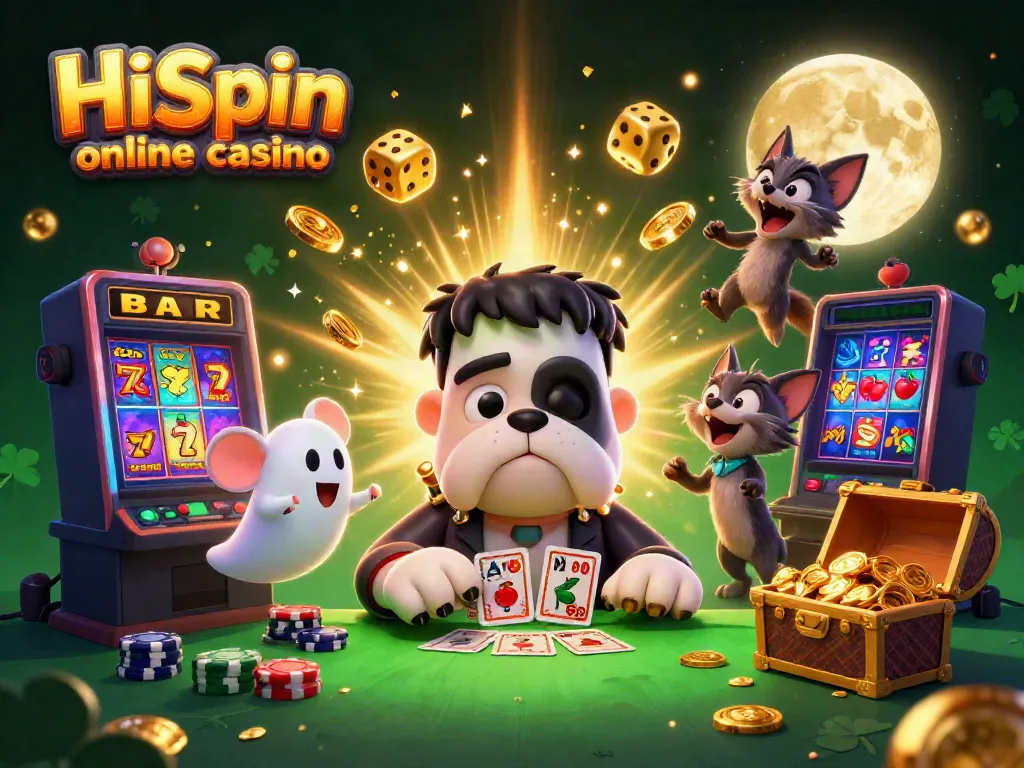 Experience thrilling action at HiSpin online casino with a fun cartoon scene of a monster dealing cards amidst vibrant casino elements.