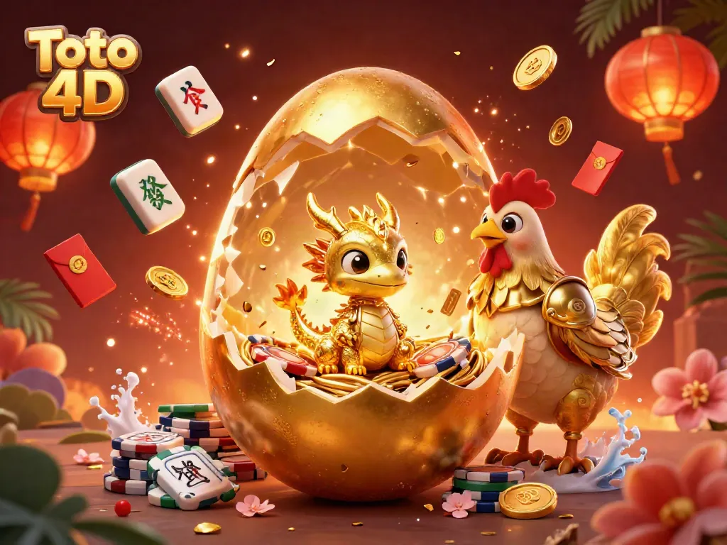 Mengambil peluang dalam Toto 4D dengan ilustrasi kartun 3D terperinci dari naga emas dan telur yang terbuka.