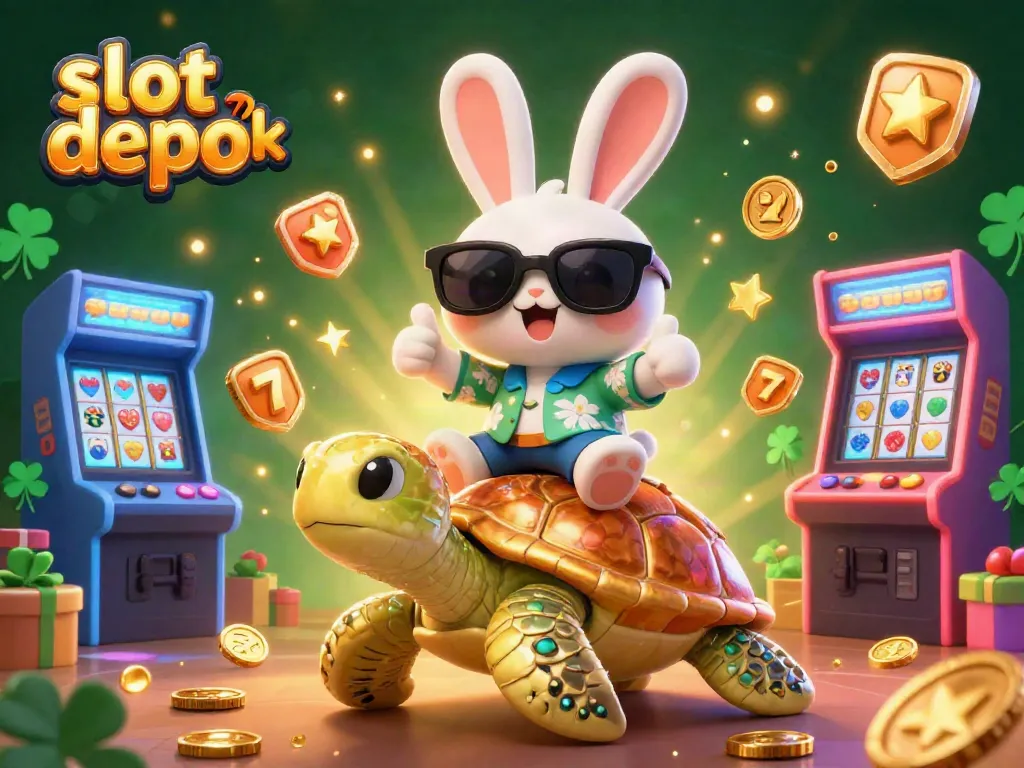 Engage with slot depo 2k's vibrant casino adventure featuring a lucky rabbit and golden turtle among gaming symbols.