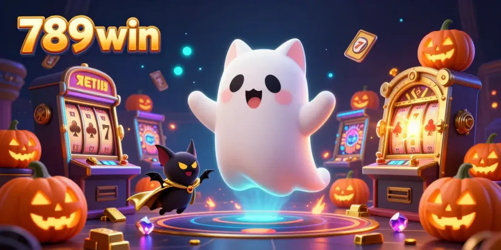 Experience the excitement of 789 win with a friendly ghost cat and a vampire bat in a vibrant casino.