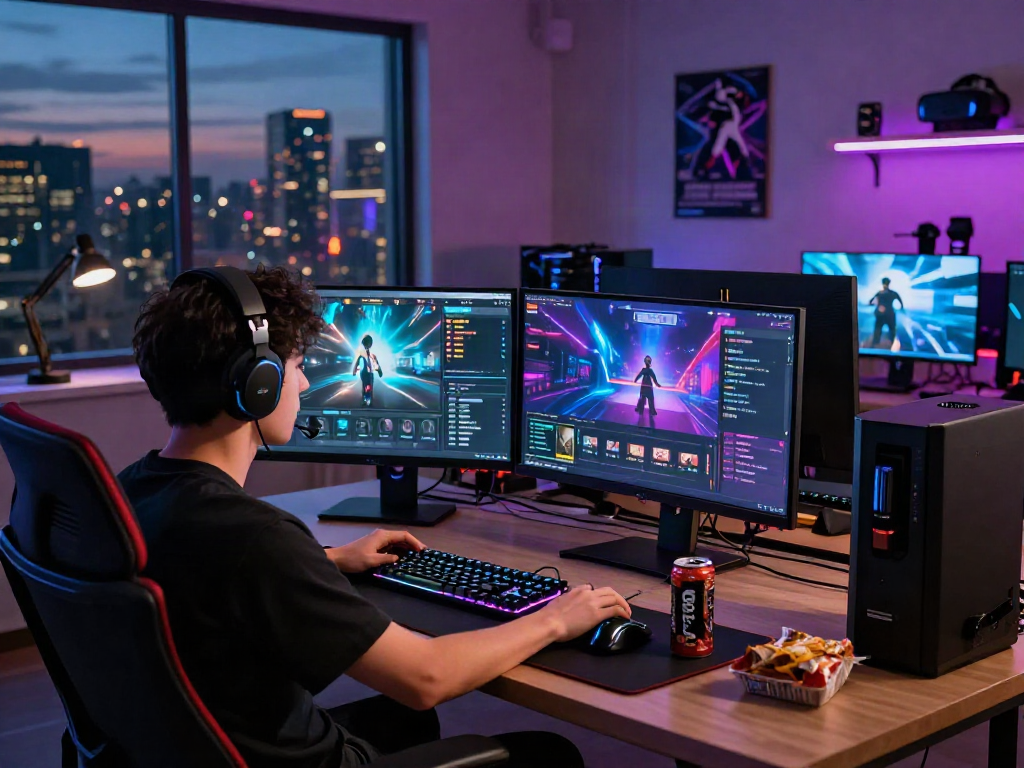 Engaged gamer at a multi-monitor setup showcasing go8 online gaming experience in a vibrant workspace.