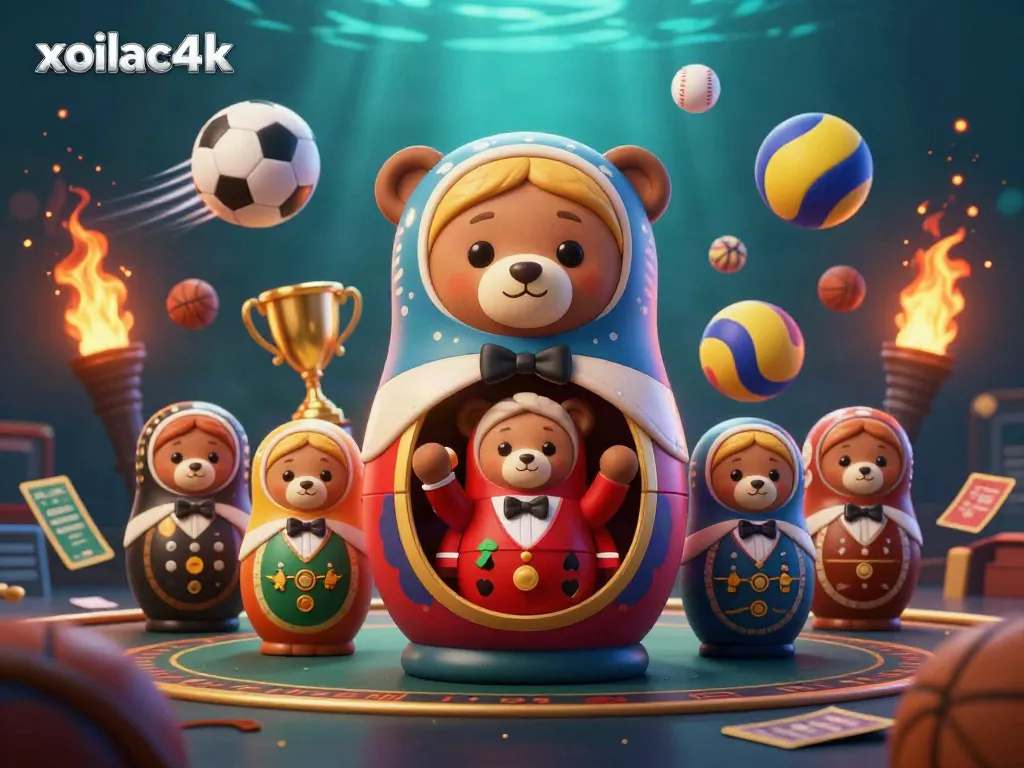 Experience the thrill of sports betting with xoilac4k, featuring an energetic 3D casino scene with dynamic elements.