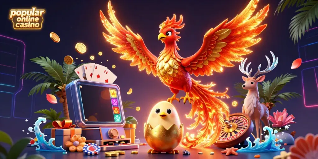 Experience excitement at a popular online casino with a vibrant 3D phoenix scene showcasing dynamic game elements.
