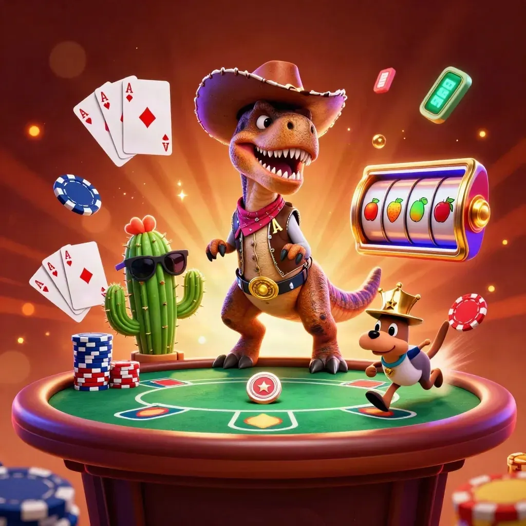Cowboy T-Rex, cactus sidekick, and roadrunner amid neon casino cards, chips, reels, and sparks.