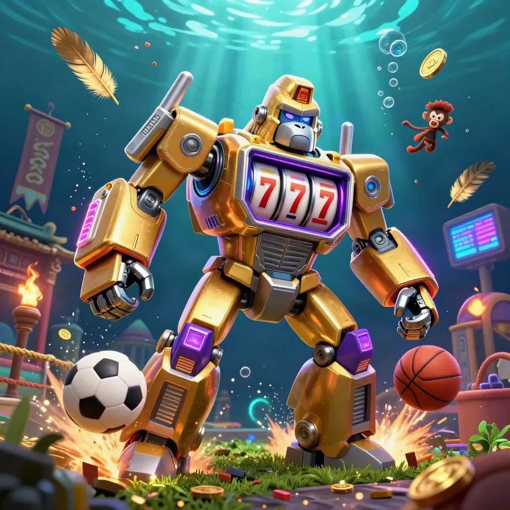 Golden gorilla slot mech and tiny monkey pilot explode through neon sports-casino chaos underwater.