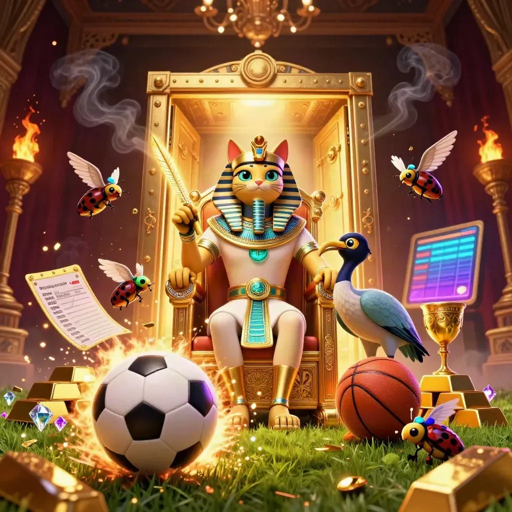 Pharaoh cat throne, ibis scribe, scarabs, vault, gold, sports balls, casino lights
