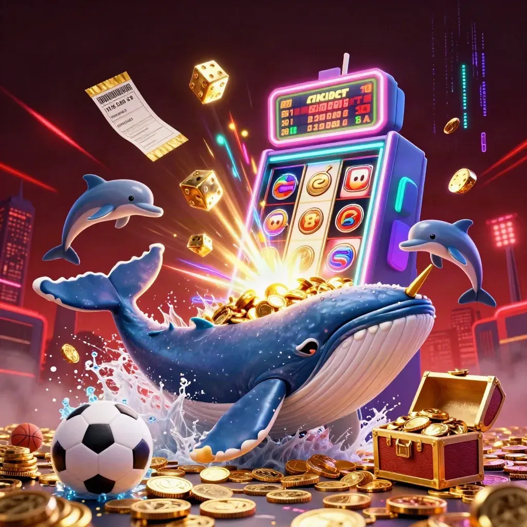 Whale, narwhal, dolphins, slot machine, and soccer ball exploding in neon casino light.