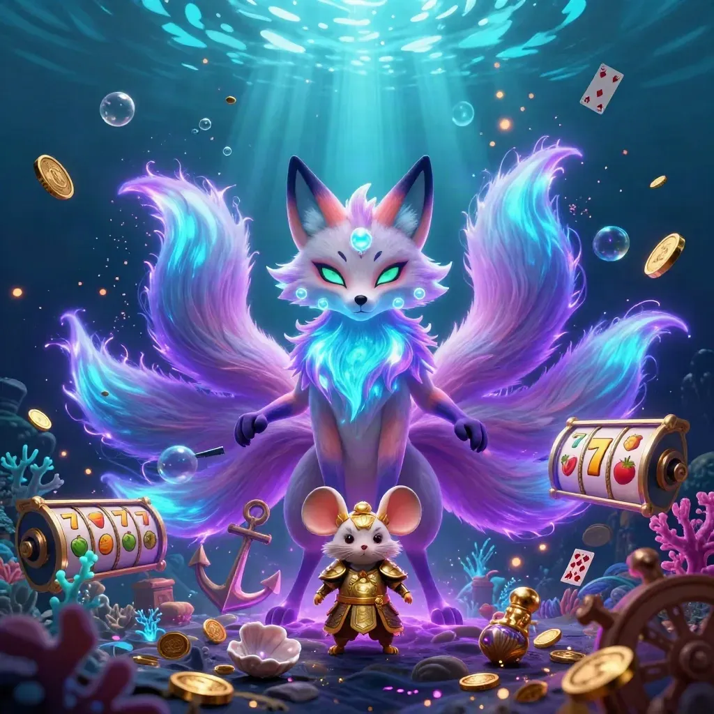 Fox spirit and samurai mouse in a neon underwater treasure cove with slot icons and glowing light