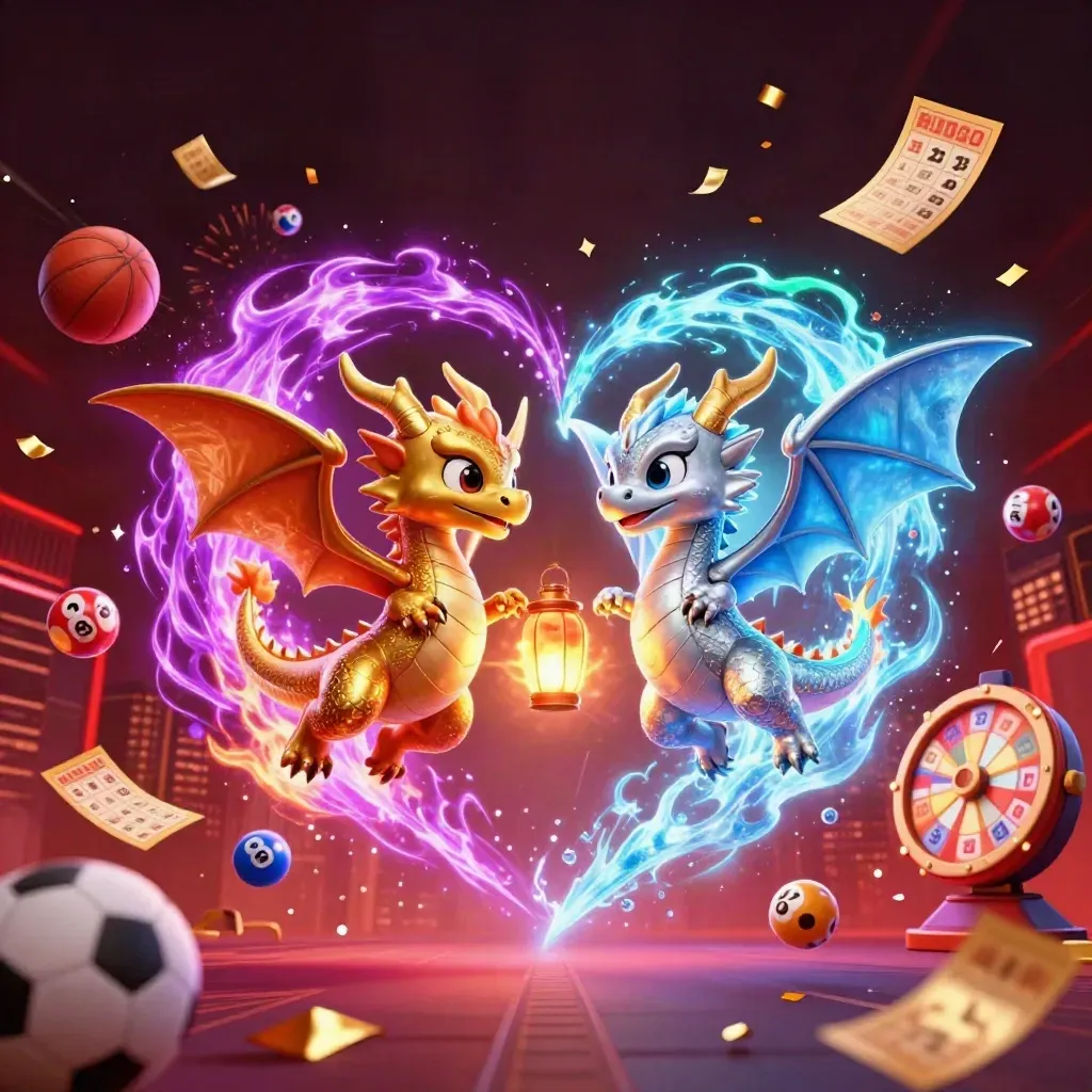 Gold and silver dragons swirl through neon casino sports chaos with balls, tickets, and light.
