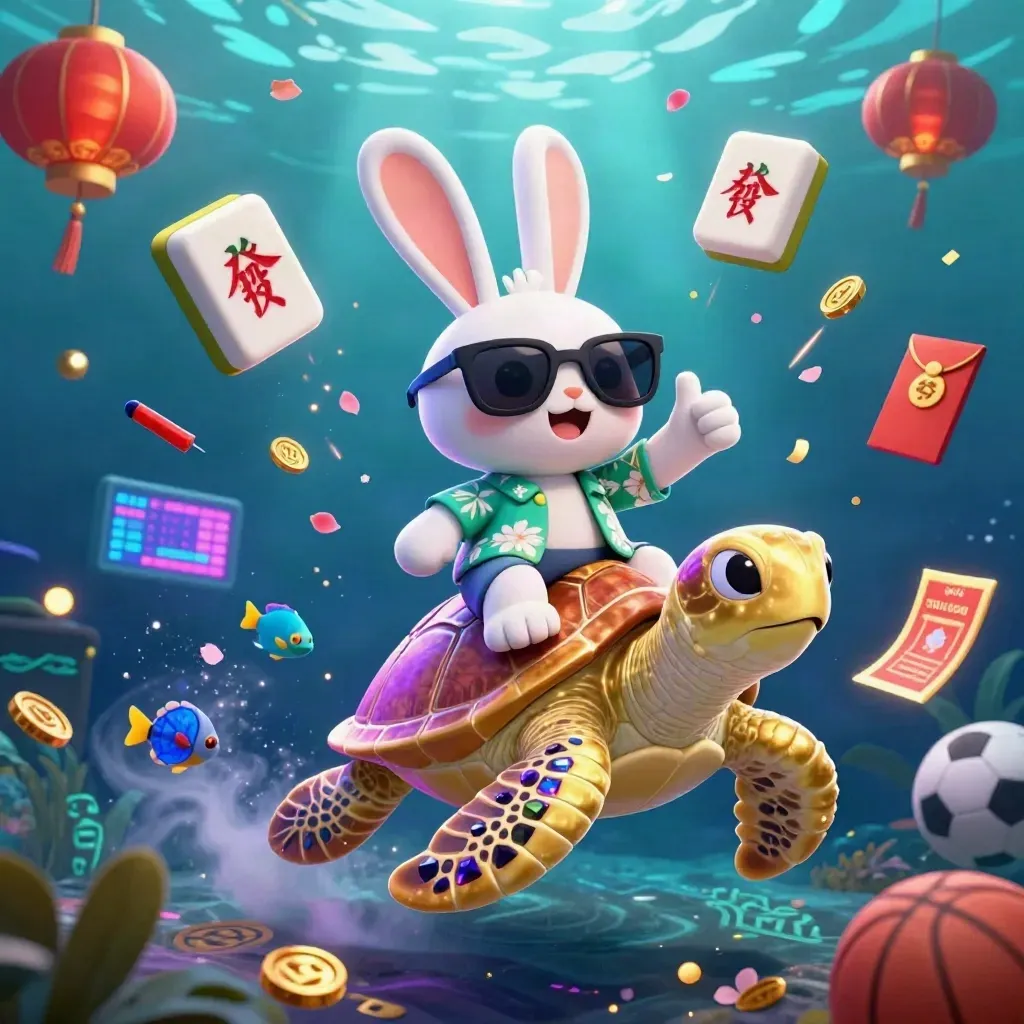 Rabbit on a golden sea turtle amid casino tokens, lanterns, coins, and sports balls underwater.