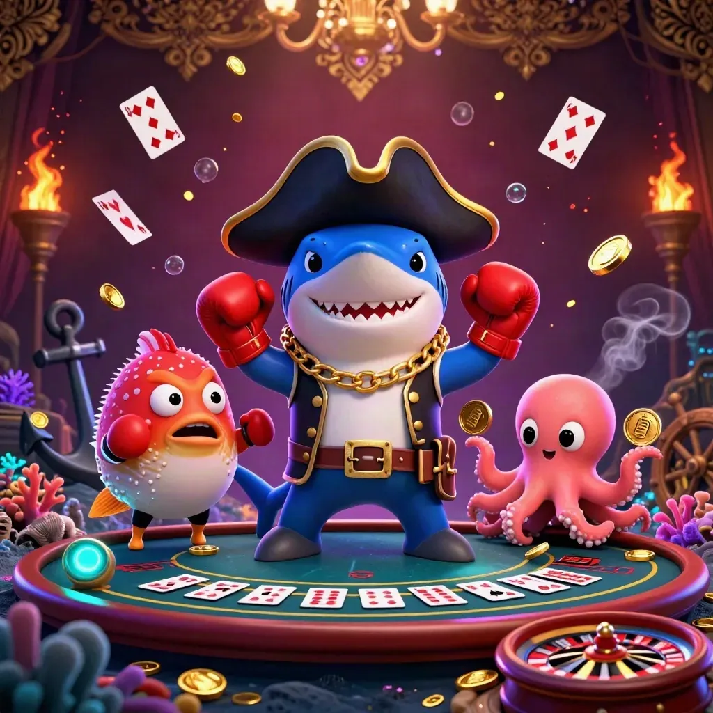 Shark captain, pufferfish, and octopus in a jewel-toned casino cove with gold coins and chandeliers.
