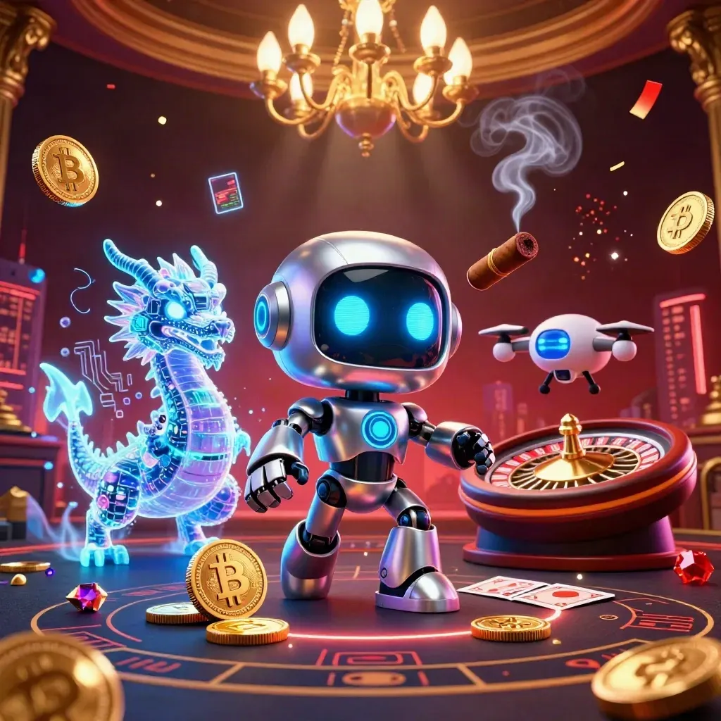Cyberpunk robot, holographic dragon, and coin drone in a neon casino scene with roulette and cards.