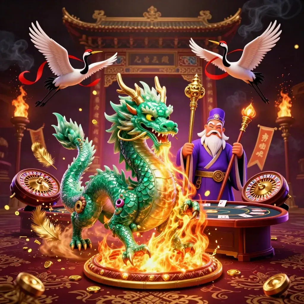 Jade dragon, turtle sage, and cranes in a neon casino scene with gold fire and ornate temple backdrop