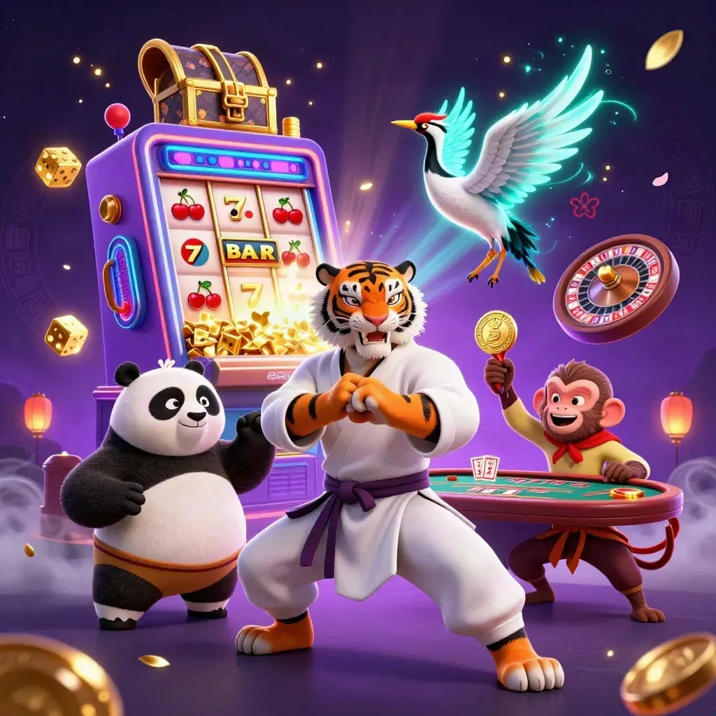 Tiger master, panda disciple, and monkey thief amid neon slot jackpot chaos in a luxury casino fantasy