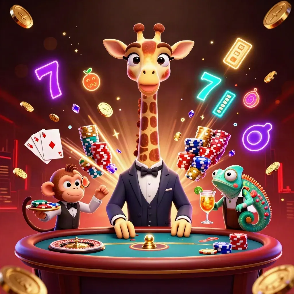 Giraffe, monkey, and chameleon at a glittering casino table with coins, cards, and chips