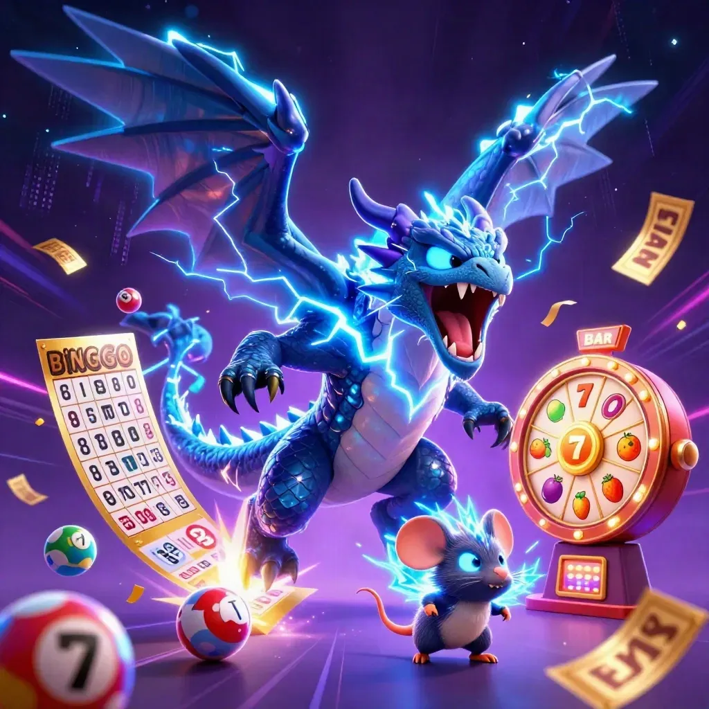Thunder dragon, hawk, and spark-mouse amid neon casino bursts, wheels, and gold confetti.