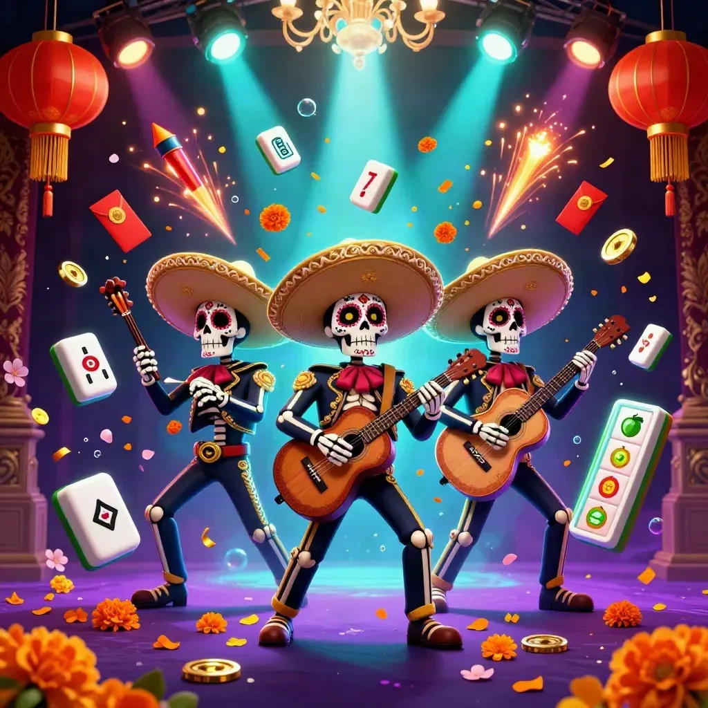 Three skeleton mariachi performers amid lanterns, coins, petals, and neon casino glow.