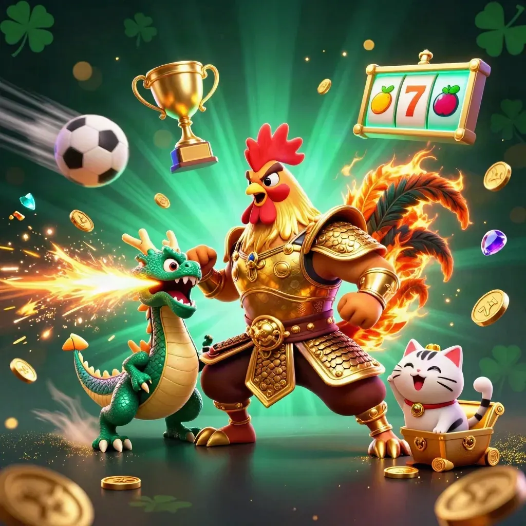 Rooster warrior, dragon hatchling, and fortune-cat burst through casino treasure in neon teal glow