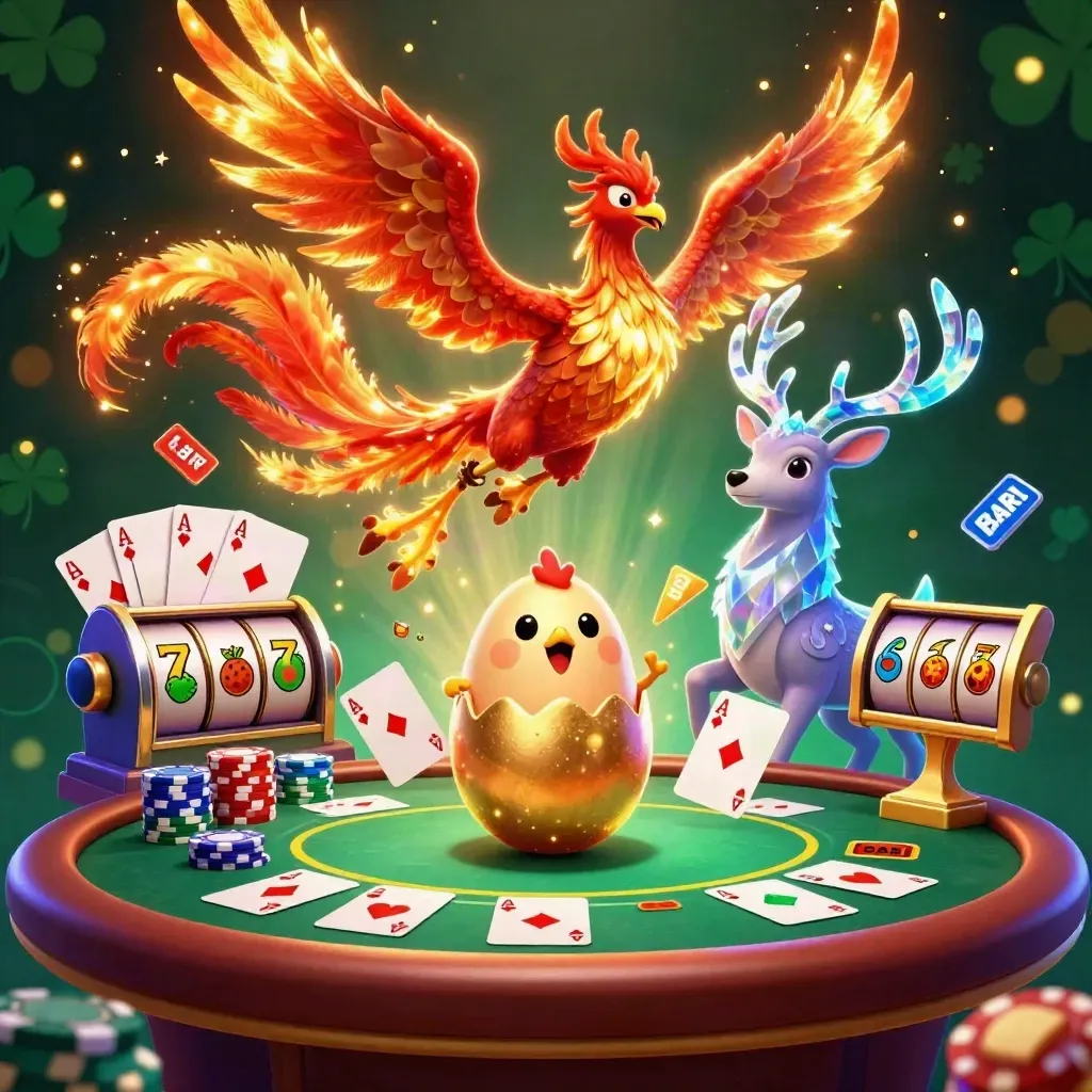 Phoenix, hatching egg, stag, and casino treasure bursting with coins, chips, and glowing reels