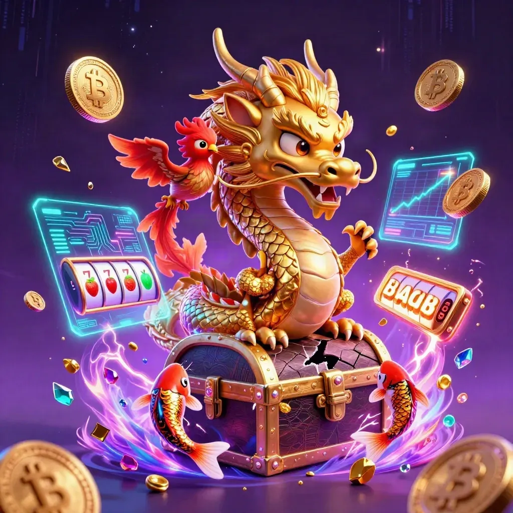Golden dragon with phoenix and koi burst from a treasure chest amid neon casino coins.
