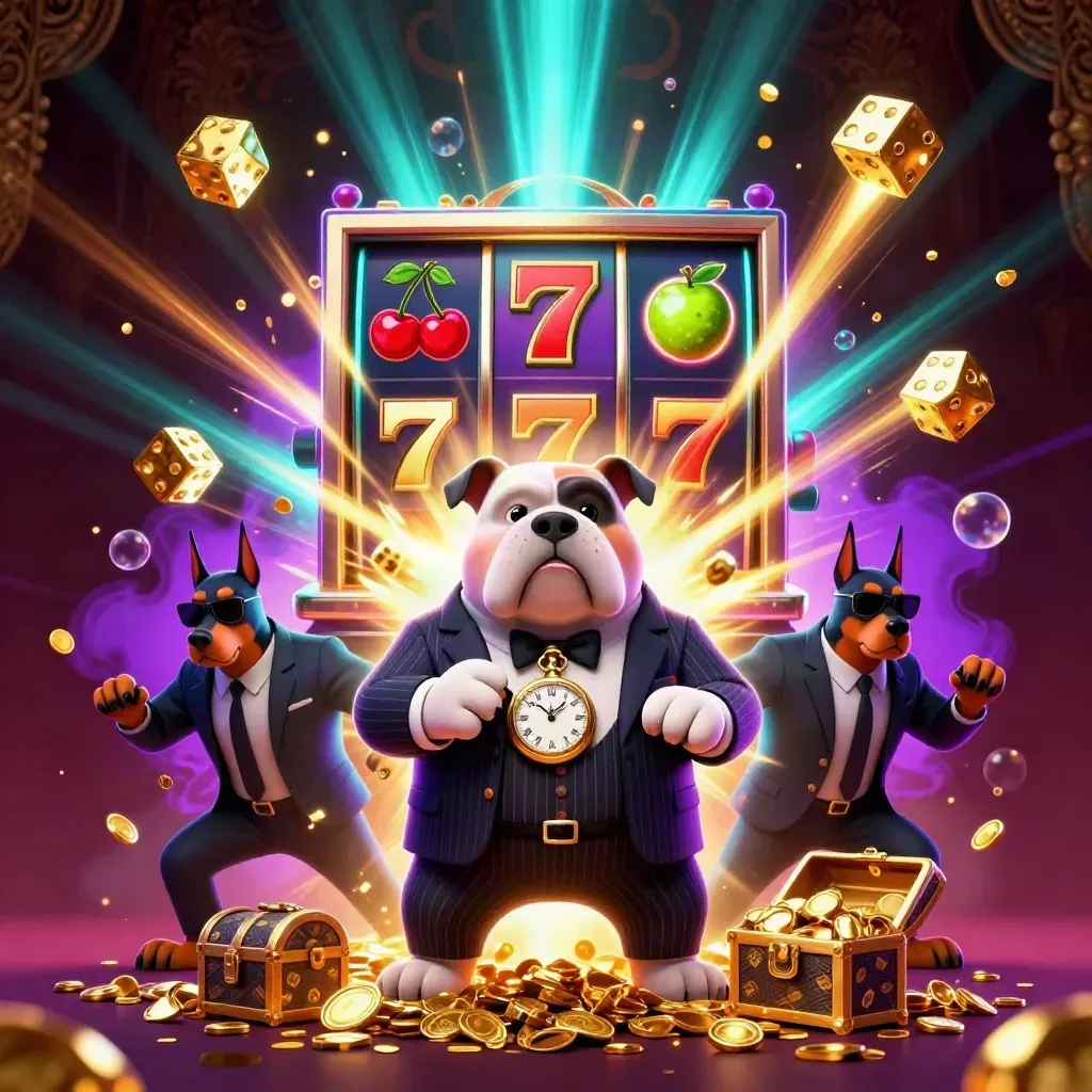 Bulldog mafia boss with two Dobermans amid exploding slot machine, gold, dice, and neon glow.