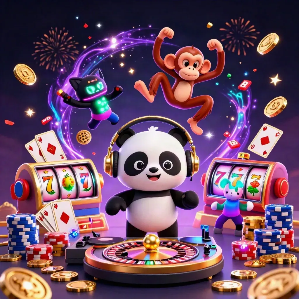 DJ panda, monkey, and glow kitten blasting coins, chips, cards, and fireworks in neon casino style.