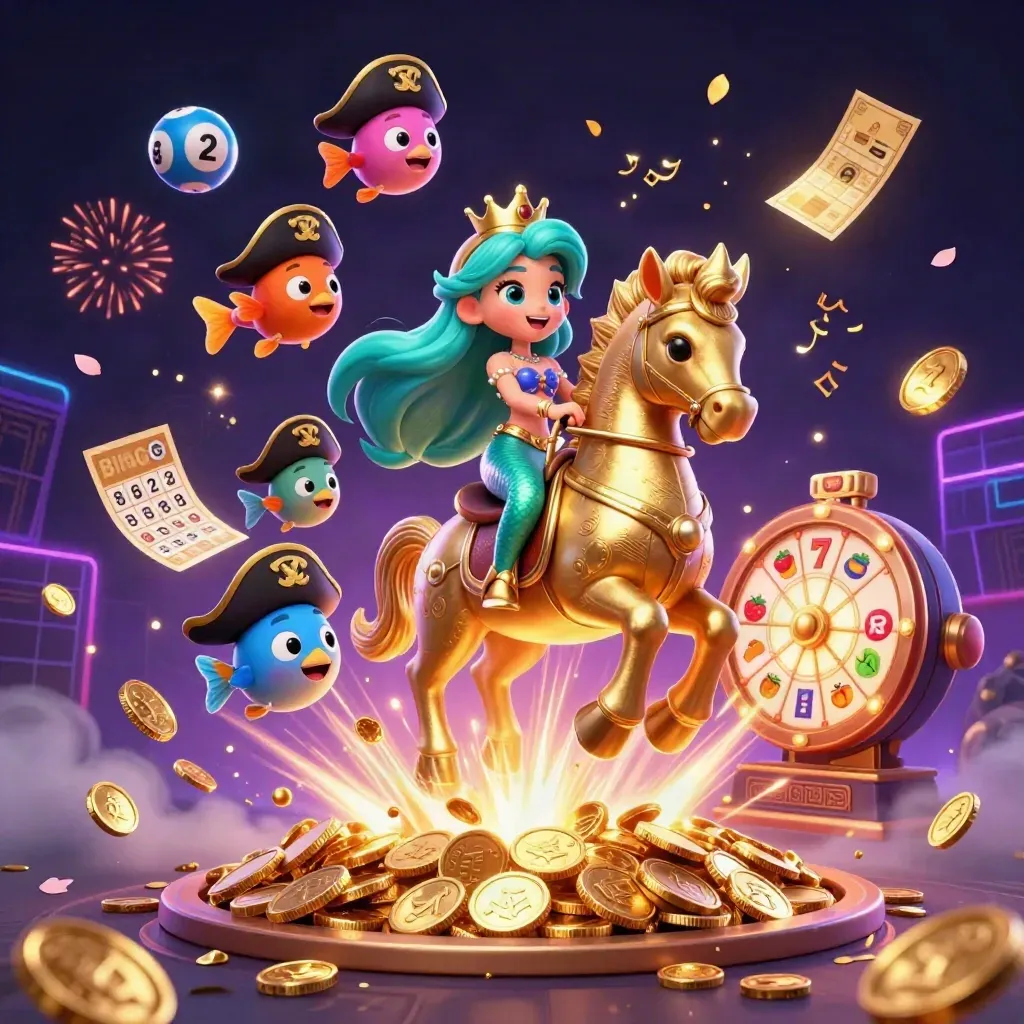 Mermaid princess on armored seahorse with pirate fish amid coins, reels, fireworks, and neon casino magic.