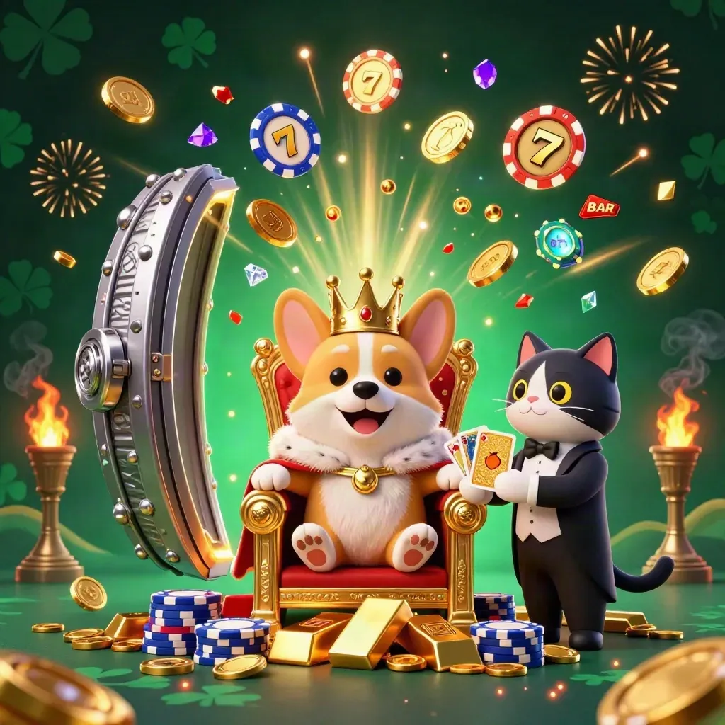 Royal corgi and cat butler burst from a glowing vault amid coins, gems, reels, and fireworks.