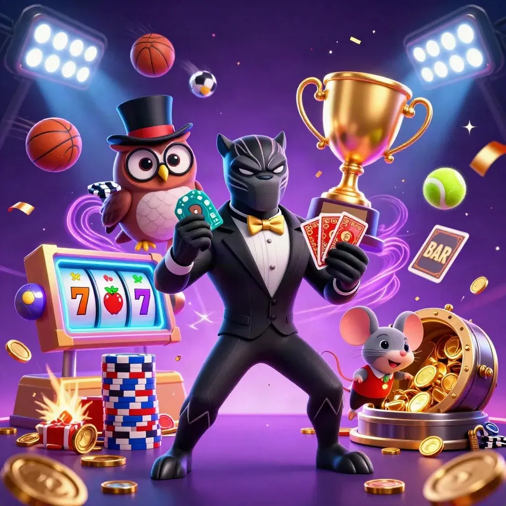 Panther, owl, and mouse amid coins, sports balls, and fireworks in a neon casino burst