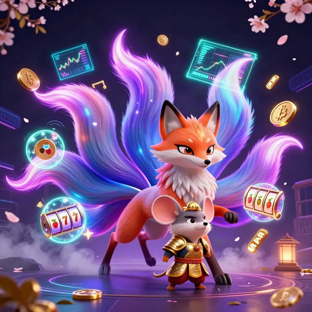 Neon fox spirit and armored samurai mouse amid coins, reels, lightning, and glowing casino magic