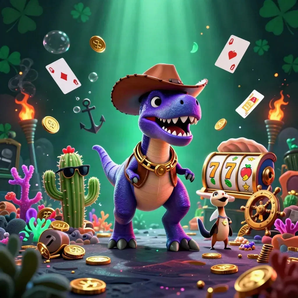 Cowboy T-Rex with cactus sidekick and sheriff roadrunner amid treasure, reels and neon casino glow