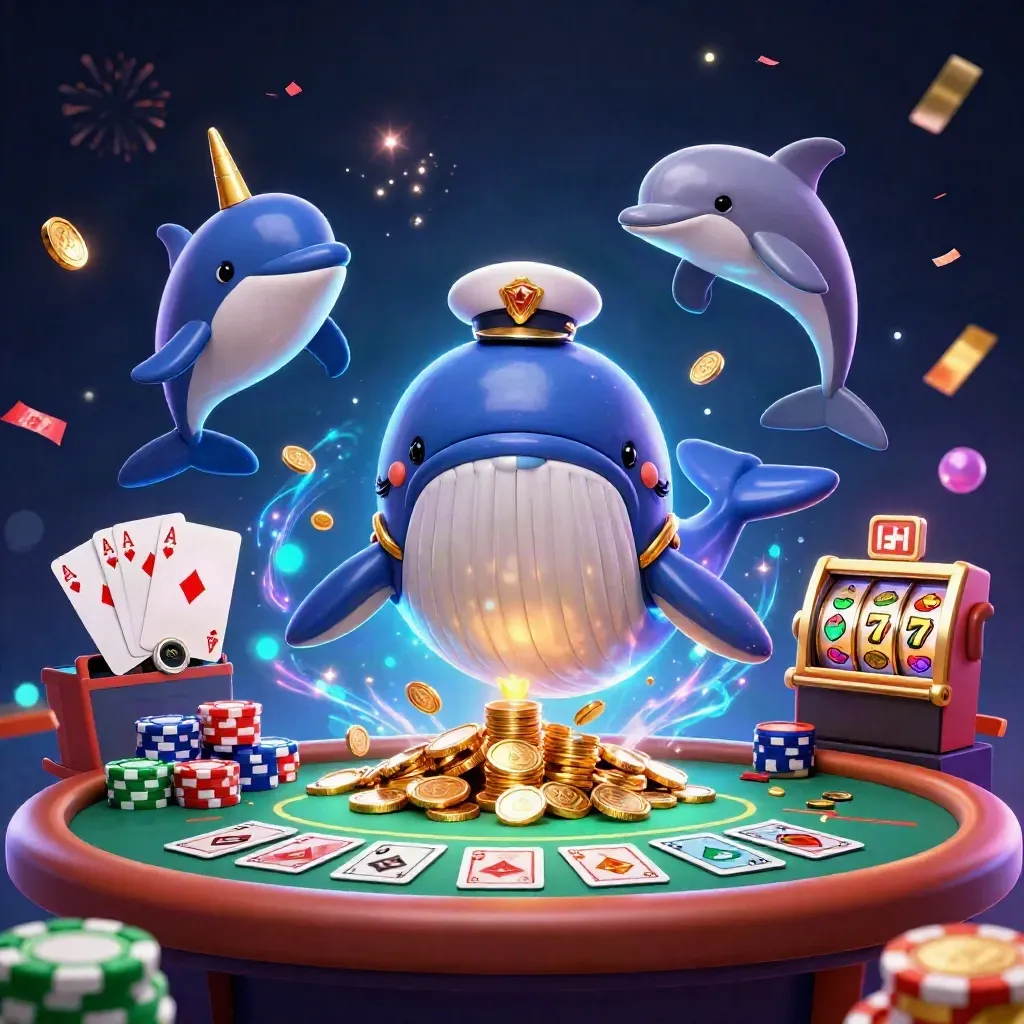 Neon casino whale captain with narwhal, dolphins, chips, cards, reels, and sparks in a dark glossy scene