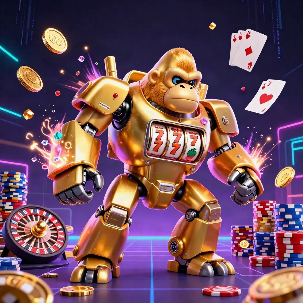 Golden gorilla slot mech with tiny monkey pilot, flying coins, chips, cards, and neon casino energy