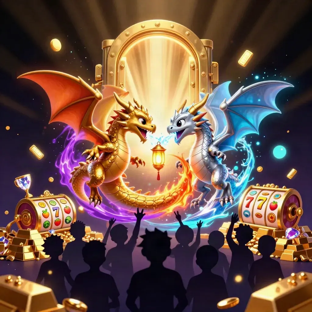 Twin gold and silver dragons coil around a lantern spirit before a glowing vault and casino treasures.