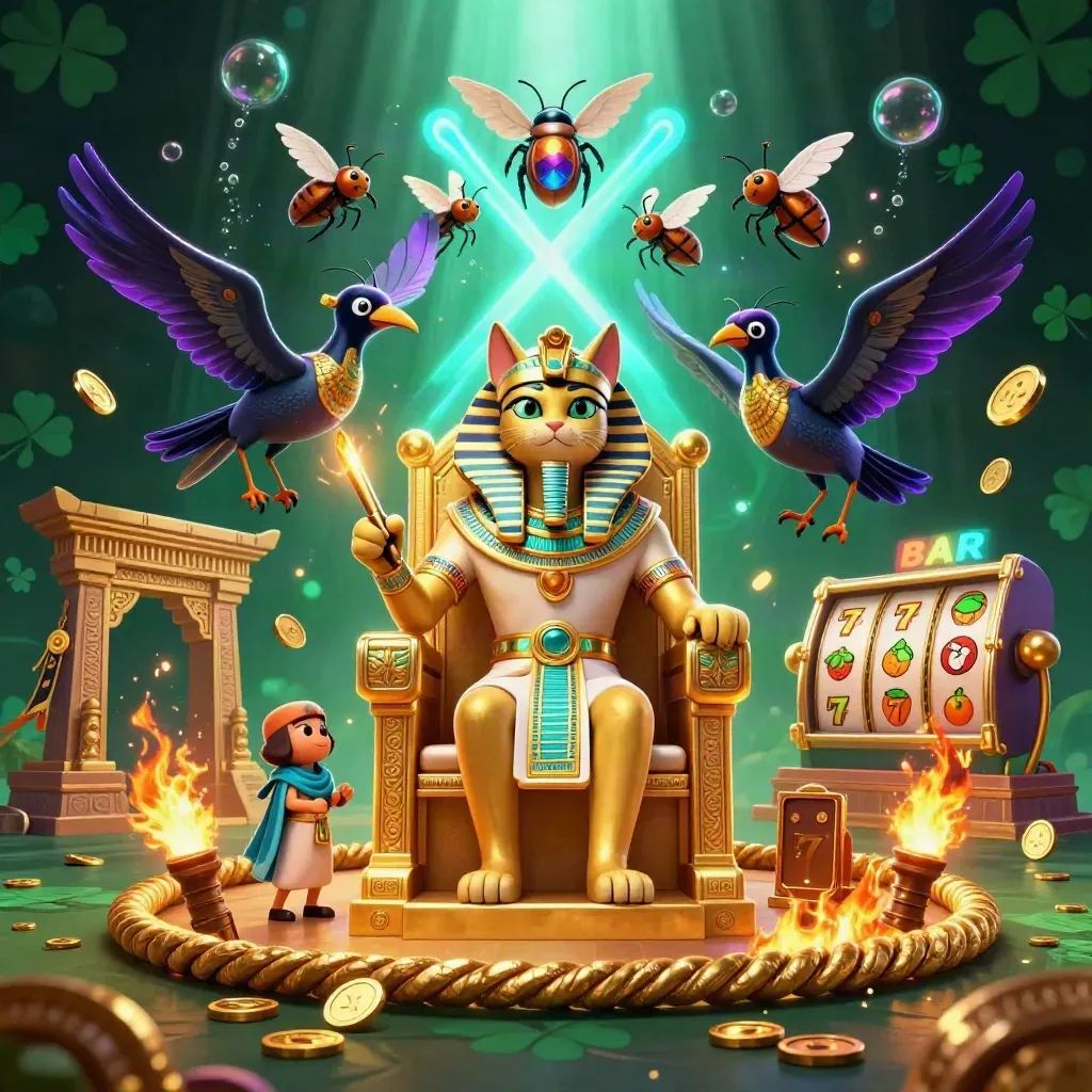 Pharaoh cat on a gold throne with ibis scribe, scarabs, and neon casino glow in dark emerald light.