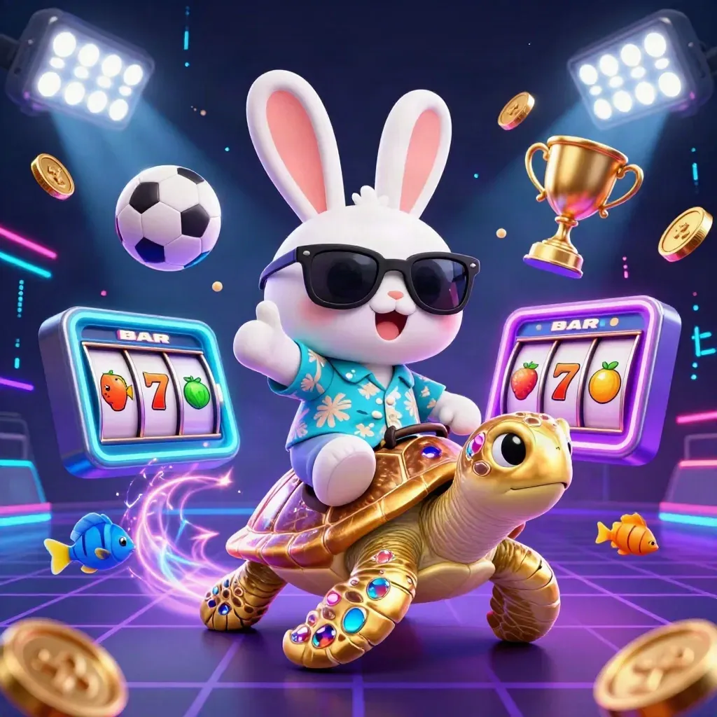Lucky rabbit on a golden sea turtle with coins, reels, tropical fish, and neon casino glow