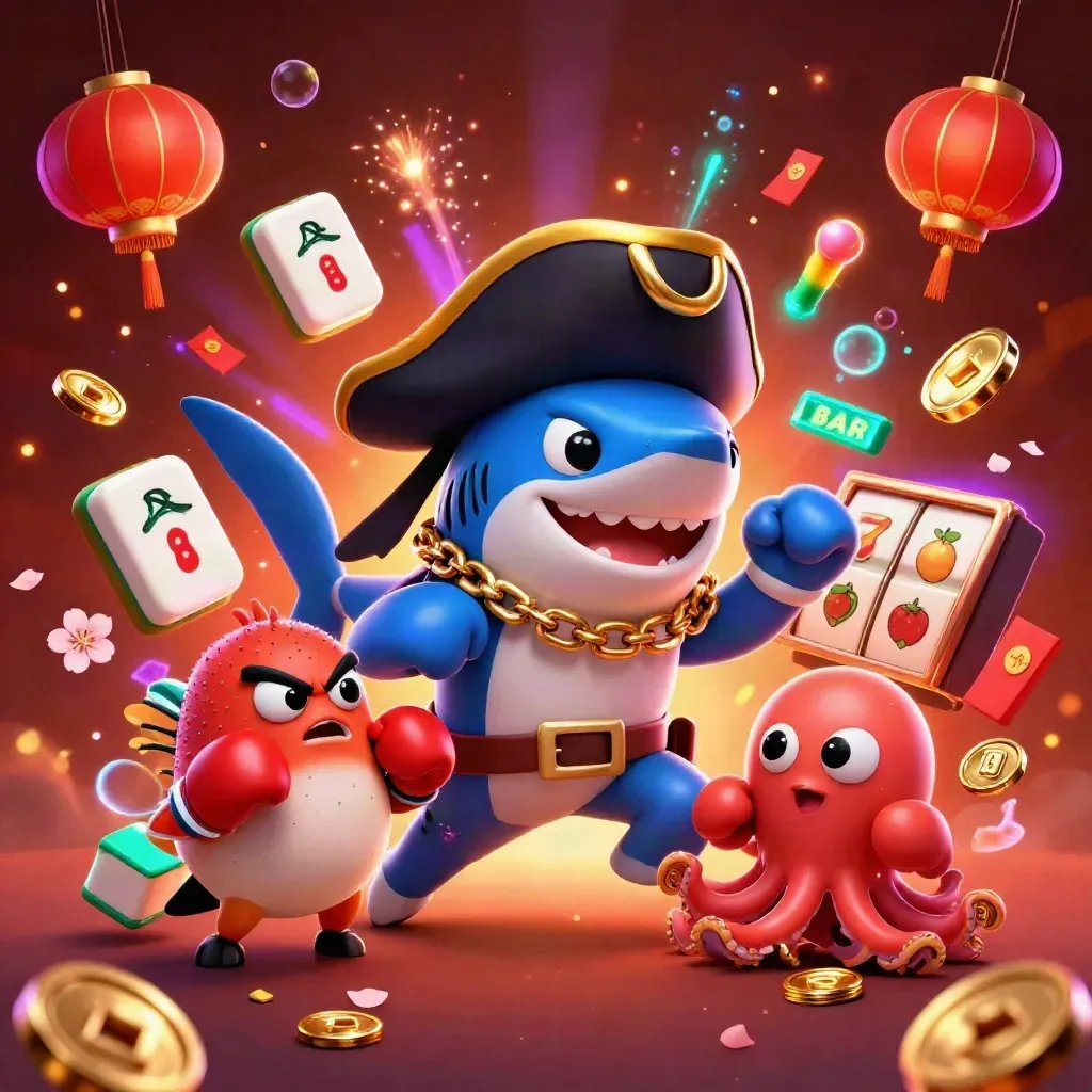 Pirate shark, boxing pufferfish, and juggling octopus amid neon casino loot and glowing reels