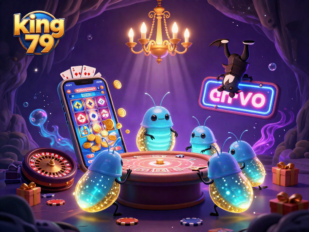 Experience thrilling action in king 79's vibrant casino with bioluminescent glowworms lighting the scene.