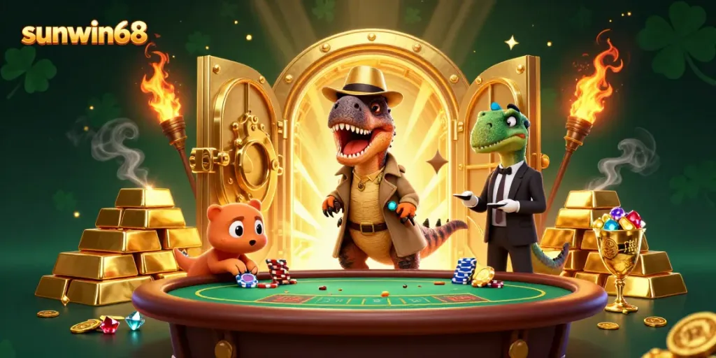 Experience the thrill of gaming at sunwin68 with a velociraptor card counter amid dazzling treasures.