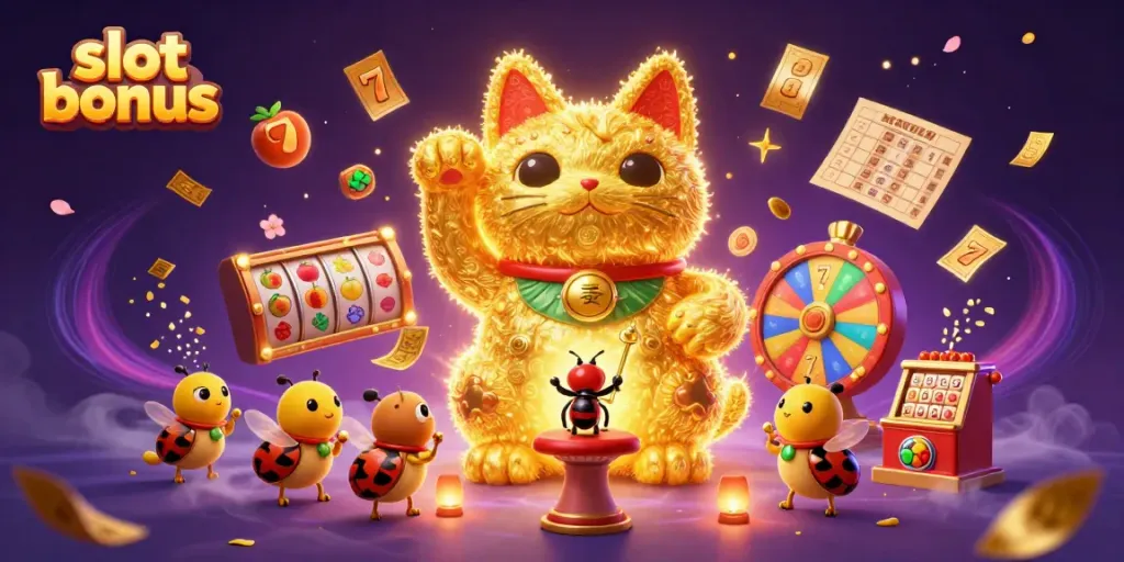 Experience the thrill of a slot bonus with a vibrant scene featuring a lucky cat, dynamic game elements, and mystical effects.