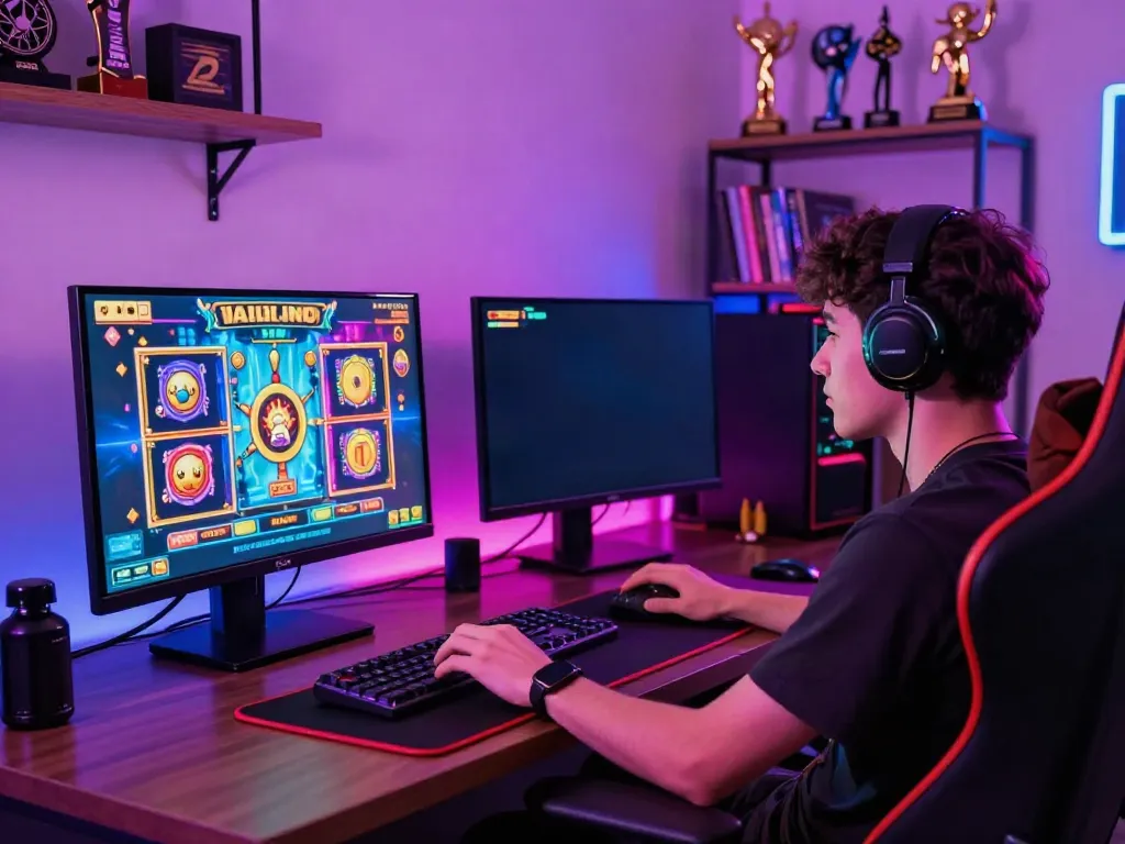Engaged player enjoying slot gacor thailand gaming with vibrant graphics and dual monitors.