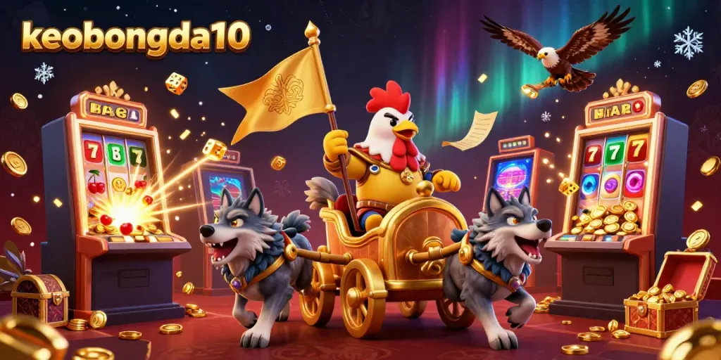Experience keobongda10's thrilling action with a rooster warlord leading a treasure-filled casino scene.