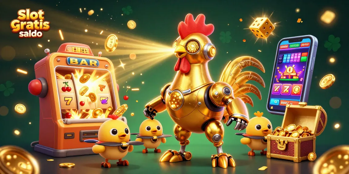Experience excitement with slot gratis saldo rewards as golden rooster robot and baby chick drones celebrate in a dynamic casino scene.